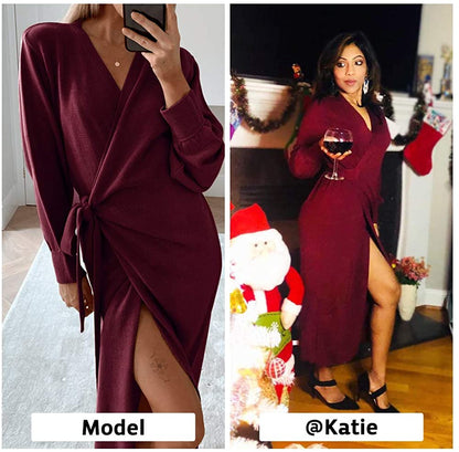 EXLURA Womens Knit Sweater Dress Casual Solid Long Sleeve Wrap Maxi Dresses with Belt