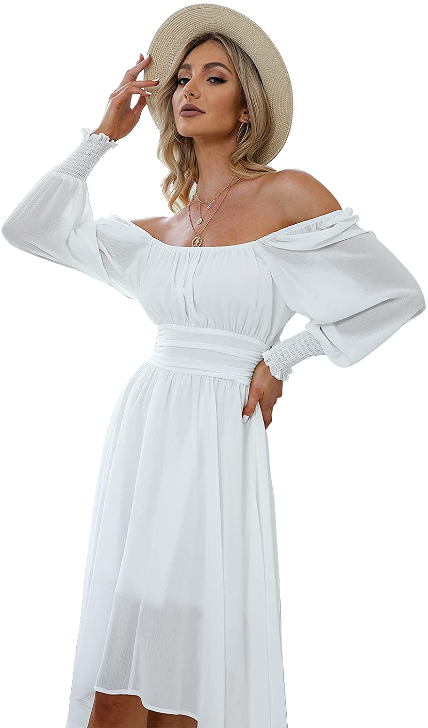 EXLURA Women's Tie Back Asymmetrical Hem Off Shoulder A-line Dresses Long Lantern Sleeve Ruffle Midi Dress