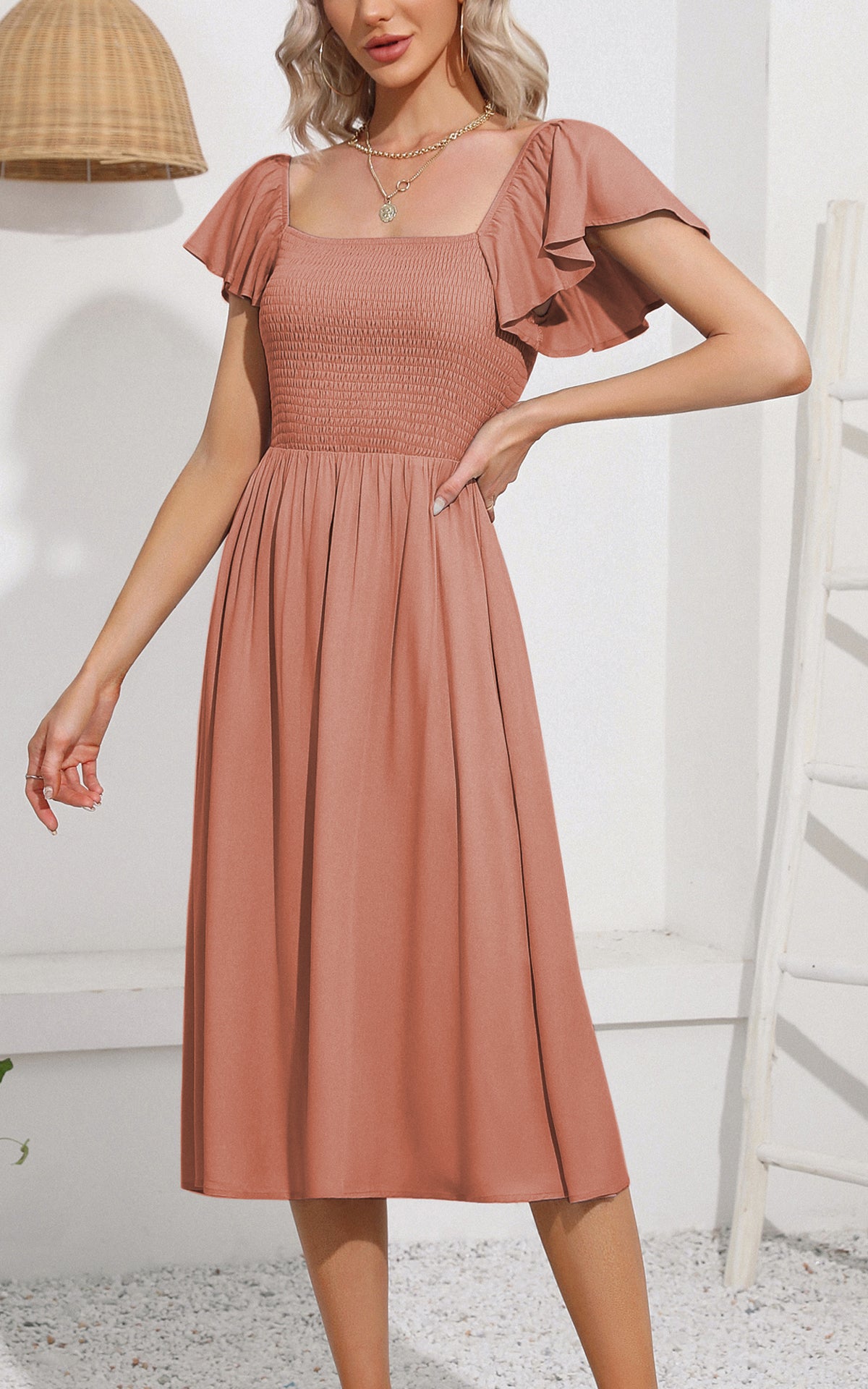 EXLURA Women's Summer Flowy Midi Dress - Square Neck Smocked Ruffle Short Sleeve Off The Shoulder Wedding Guest Dress