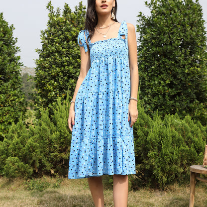 Exlura Women’s Polka Dot Vintage Boho Dress Square neck Smocked Tiered Tie Shoulder Sleeveless Strappy Floral Maxi Dress
