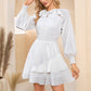EXLURA Women’s Ruffle Mini Dress Asymmetrical   Long Puff Sleeve Round Neck Smocked Dress Flowy Cocktail Wedding Guest Dress