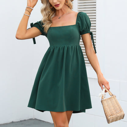 Square Neck Babydoll Dress Backless High Waist Tie Back Short Puff Sleeve Summer Mini Dress Sundress