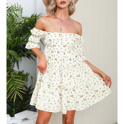 Exlura Women’s Tie Back Square Neck Dresses Puff Elbow Sleeve Off Shoulder Tiered Ruffle Floral Backless Mini Dress