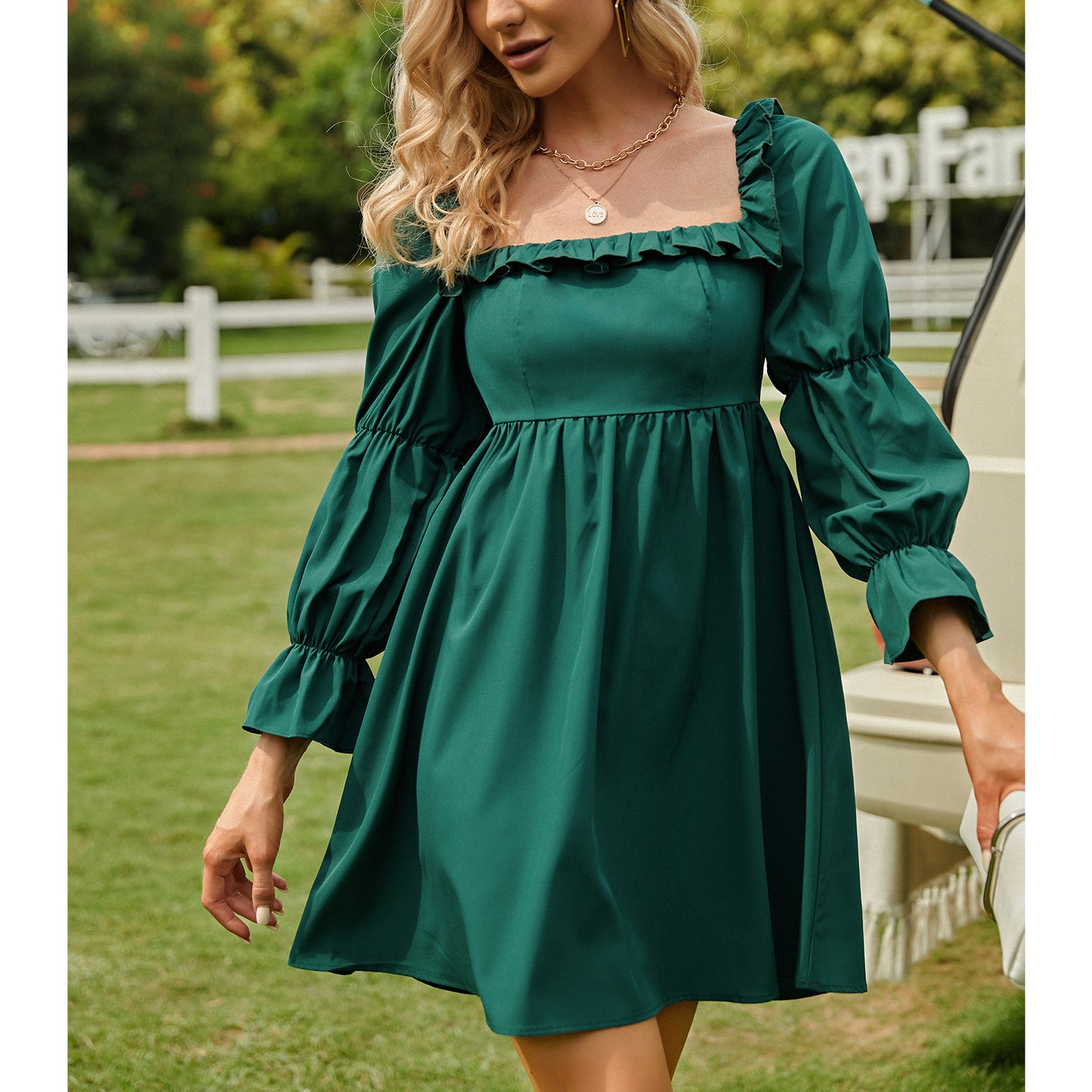 Exlura Women’s Bridal Shower Wedding Guest  Dress Square Neck Long Sleeve Ruffle Dress Backless Tie Back Swing Dress Mini Short Dresses