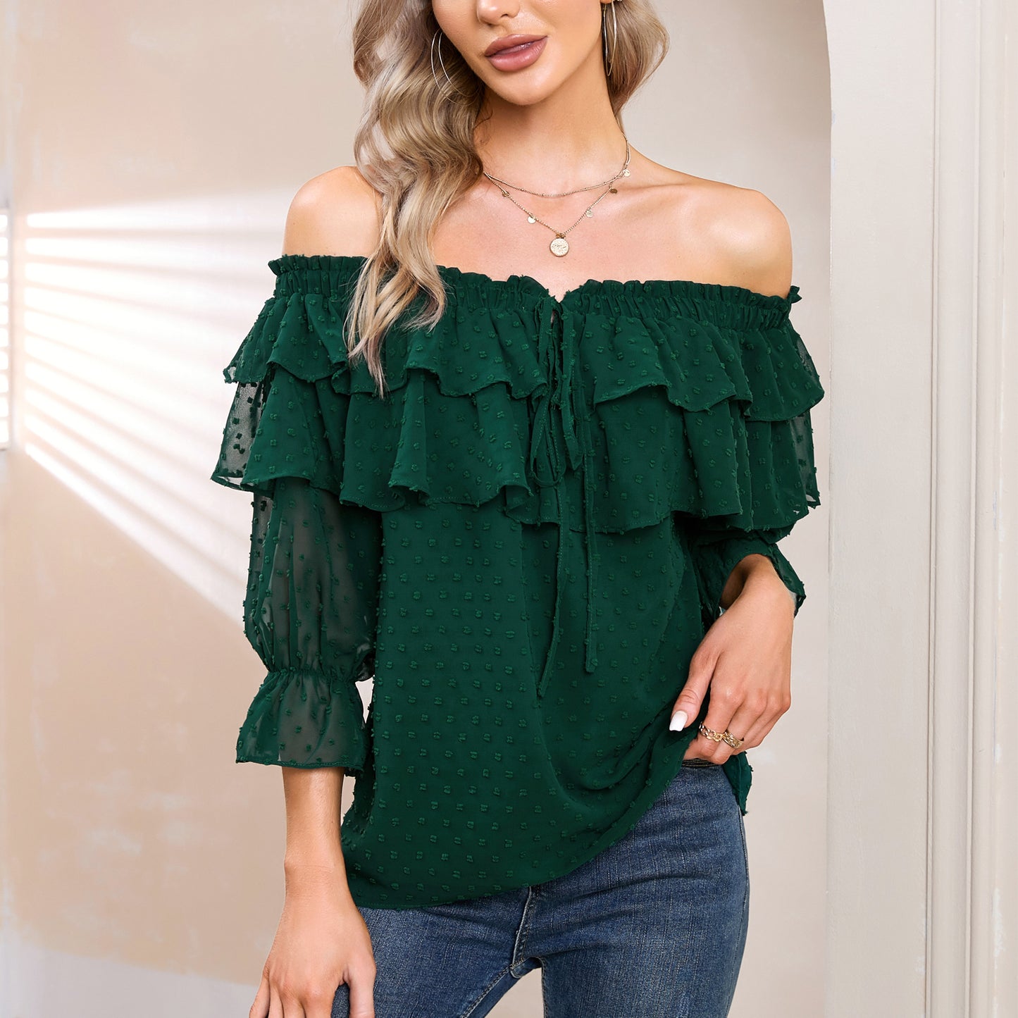 EXLURA Women’s Off The Shoulder Layered Ruffle Tops Swiss Dot Long Puff Sleeve Blouses Shirts Flowy Party Dressy Tops