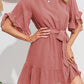 Flowy Mini Dress - Round Neck Belted Swiss Dot Bell Short Sleeve