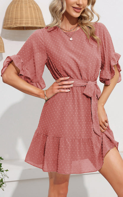 Flowy Mini Dress - Round Neck Belted Swiss Dot Bell Short Sleeve