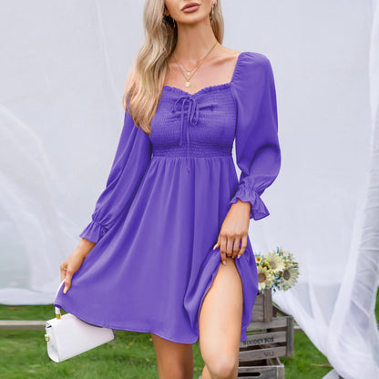 EXLURA Women’s Drawstring Mini Dress Sweetheart Neckline Smocked Flowy Dress Puff Long Sleeve Ruffle Cute Wedding Guest Dress