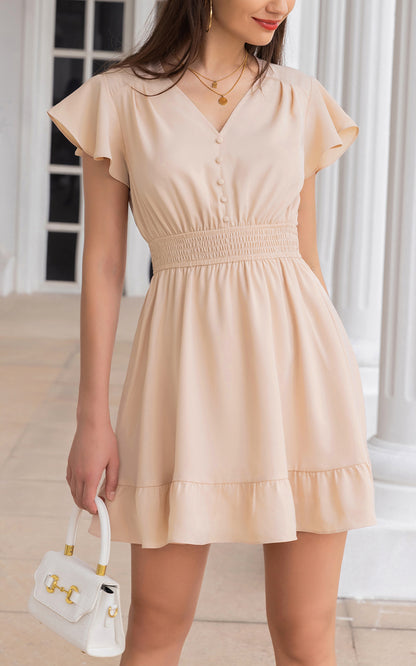 V-Neck Short Sleeve Button Down Ruffle A-Line Dress