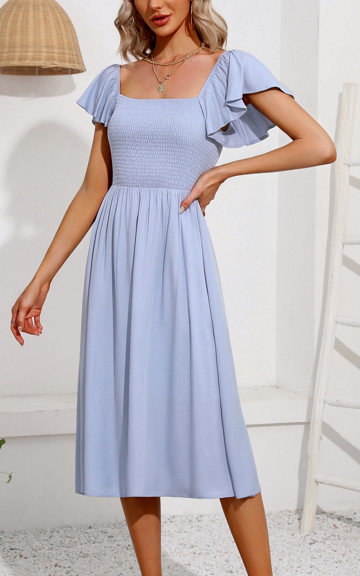 EXLURA Women's Summer Flowy Midi Dress - Square Neck Smocked Ruffle Short Sleeve Off The Shoulder Wedding Guest Dress