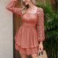 KRDR302EXLURA Women’s Lace Long Puff Sleeve Mini Dress Square Neck Backless Short Swing Party Dress Tie Back Bridesmaid Wedding Guest Dresses