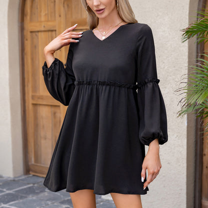 Exlura Women’s Casual Flowy Tunic Tshirt Dress V Neck Ruffle Long Puff Sleeve Dress Cocktail Party Mini Dress