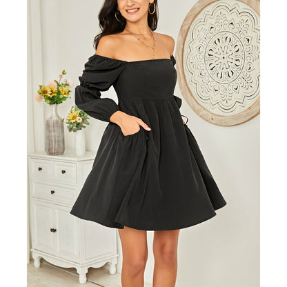 Exlura Women’s Casual Mini Dress with Pockets Square Neck Long Puff Sleeve Dress Empire Waist Boho Wedding Guest Dress