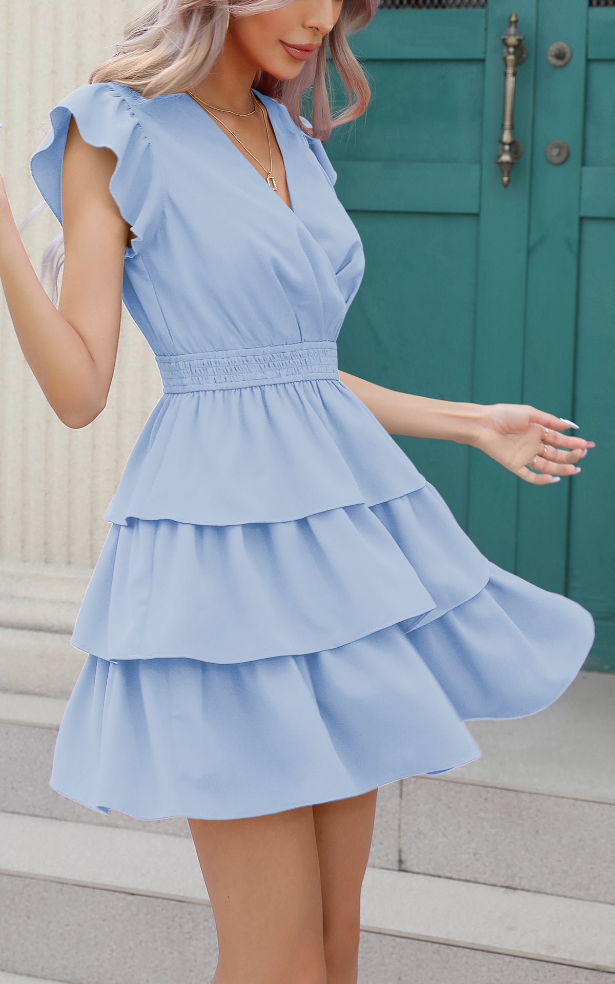 Short Ruffle Sleeve Smocked Sexy Wrap Cocktail Dress