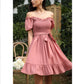 Exlura Women’s Sweetheart Neckline Ruffle Dress Smocked Belted Short Puff Sleeve Tie Waist Mini Dress Sundress