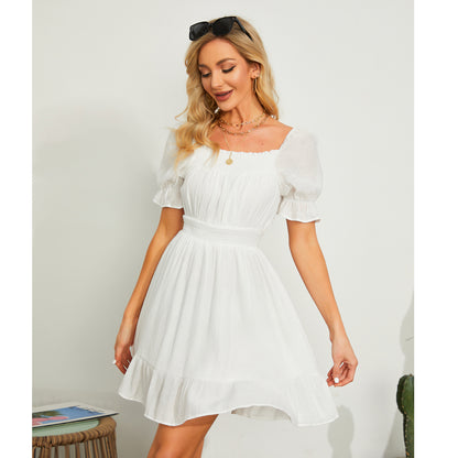 Exlura Women’s High Waist Square Neck Mini Dress Off Shoulder Smocked Puff Short Sleeve Summer Short Ruffle Dress