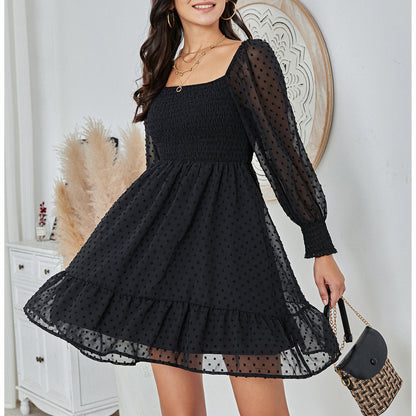 Exlura Women’s Vintage Mini Dress Round Neck Long Sleeve Swiss Dot Empire Waist Skater Dress Babydoll Casual Dress