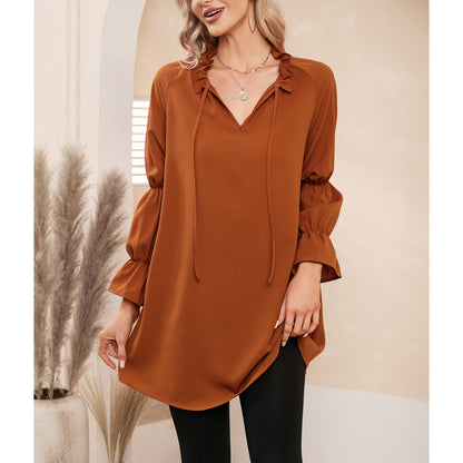 Exlura Women’s Vintage Casual Mini Dress Tie Front Ruffle Long Puff Sleeve Tunic Dress Cocktail Party Dress