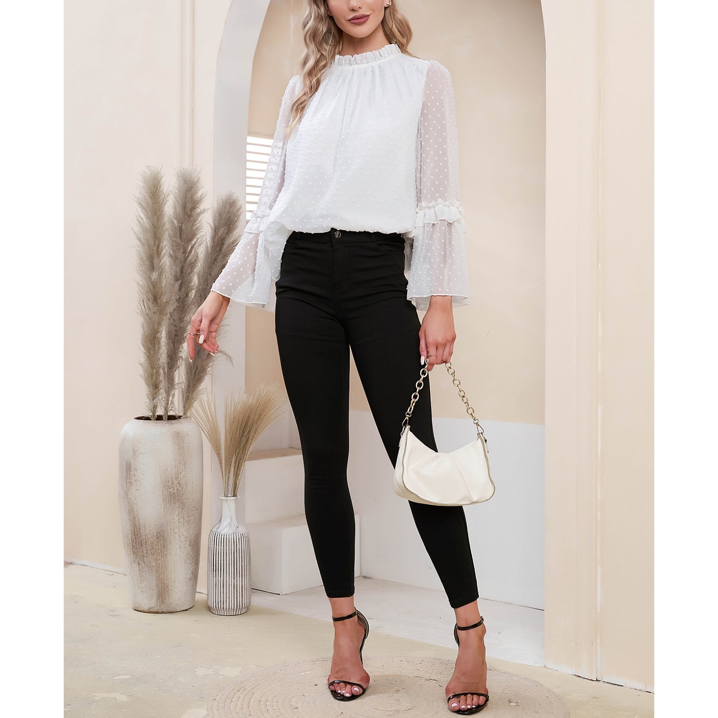 EXLURA Women’s Swiss Dot Long Bell Sleeve Tops Shirts Ruffle Mock Neck Blouses Flowy Chiffon Dressy Tops
