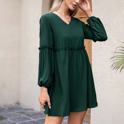 Exlura Women’s Casual Flowy Tunic Tshirt Dress V Neck Ruffle Long Puff Sleeve Dress Cocktail Party Mini Dress