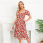 EXLURA Women’s V Neck Dress Short Puff Sleeve High Waist A-Line Backless Tie Back Floral Vintage Midi Dress