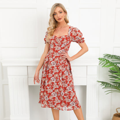 EXLURA Women’s V Neck Dress Short Puff Sleeve High Waist A-Line Backless Tie Back Floral Vintage Midi Dress
