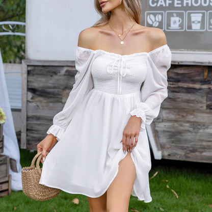 EXLURA Women’s Drawstring Mini Dress Sweetheart Neckline Smocked Flowy Dress Puff Long Sleeve Ruffle Cute Wedding Guest Dress