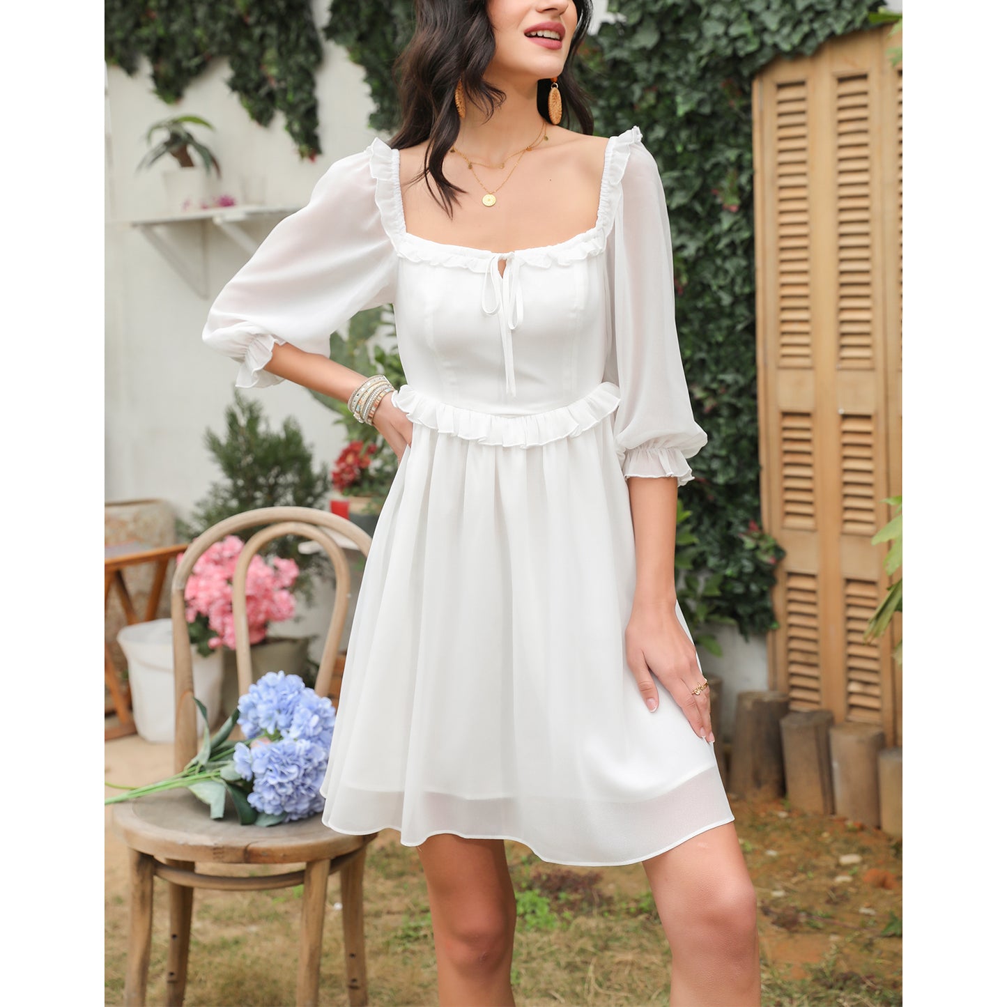 Exlura Women’s Off Shoulder Floral Ruffle Dress Sundress Tie Back Puff Sleeve Backless Square Neck Mini Summer Dress