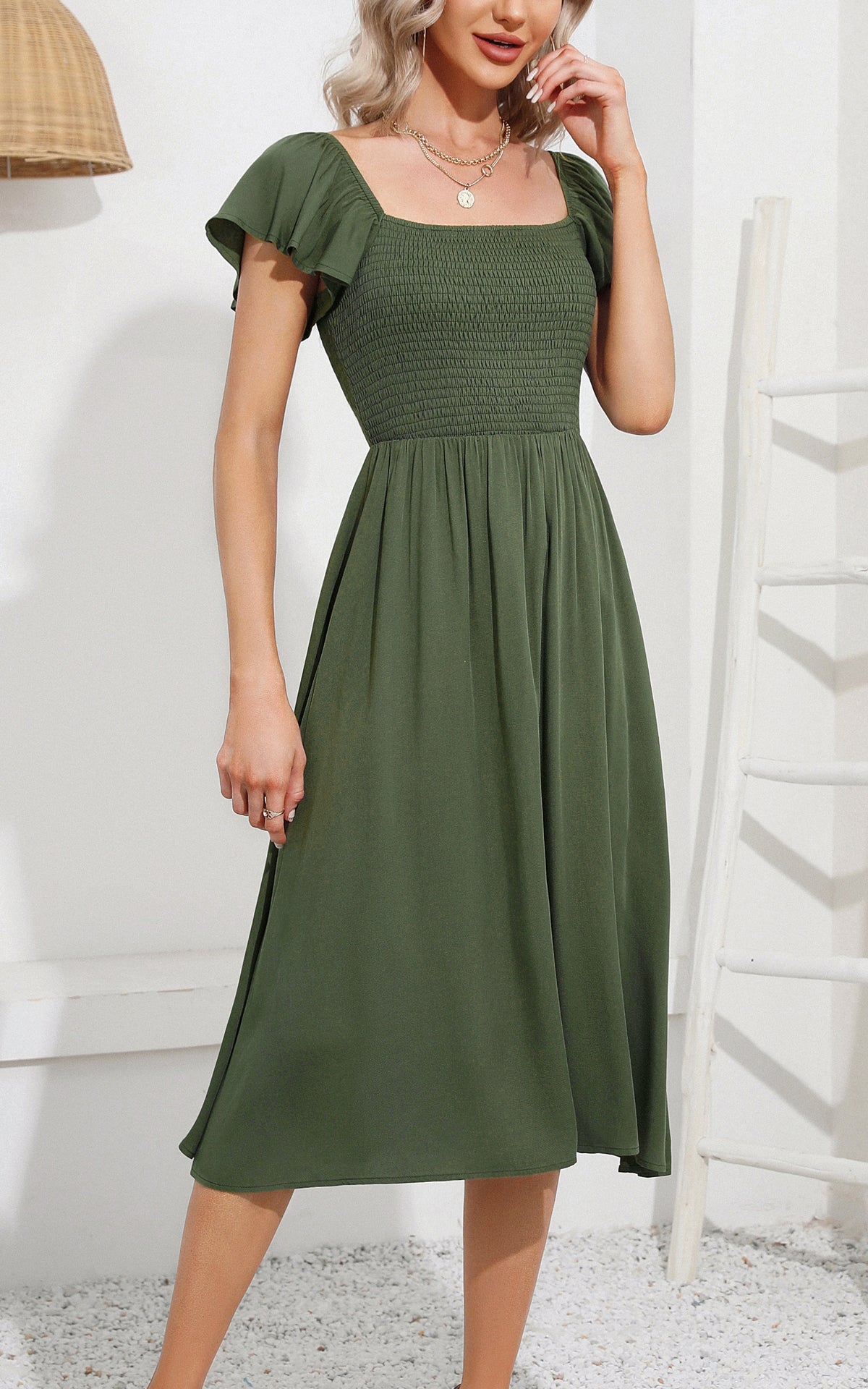 EXLURA Women's Summer Flowy Midi Dress - Square Neck Smocked Ruffle Short Sleeve Off The Shoulder Wedding Guest Dress