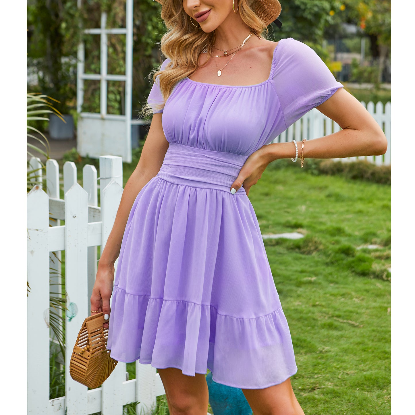 Square Neck Short Puff Sleeve Summer Dress A Line Sundress Short Mini Dress