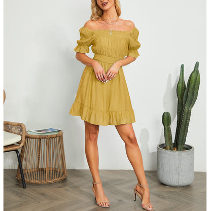 Exlura Women’s High Waist Square Neck Mini Dress Off Shoulder Smocked Puff Short Sleeve Summer Short Ruffle Dress