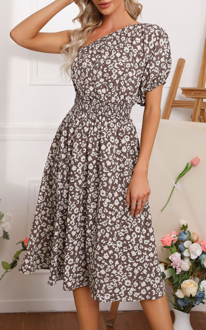 Summer Floral Midi Sundresses - One Shoulder Short Sleeve Backless