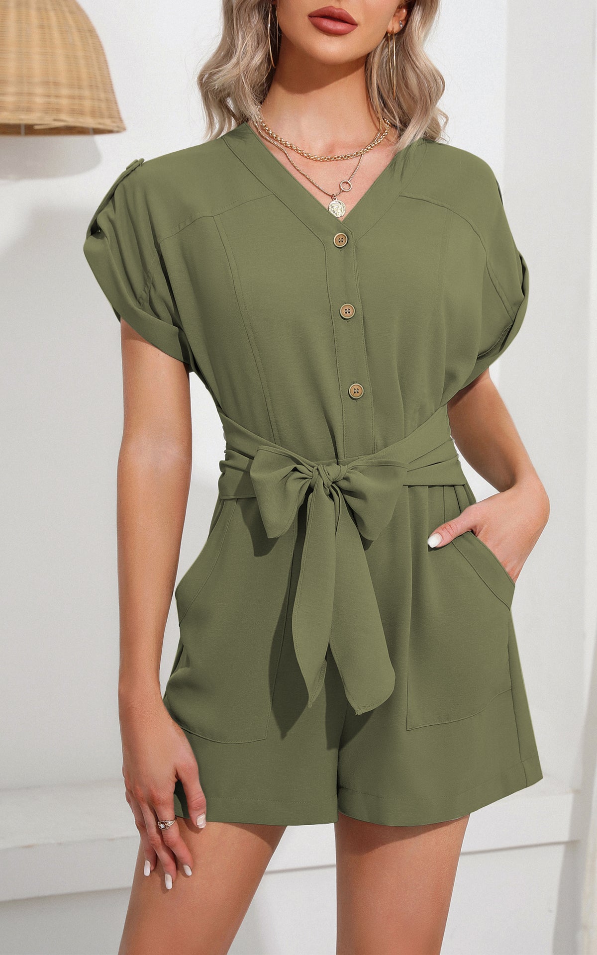 Jumpsuits - V Neck Button Short Sleeve Wide Leg Casual Rompers