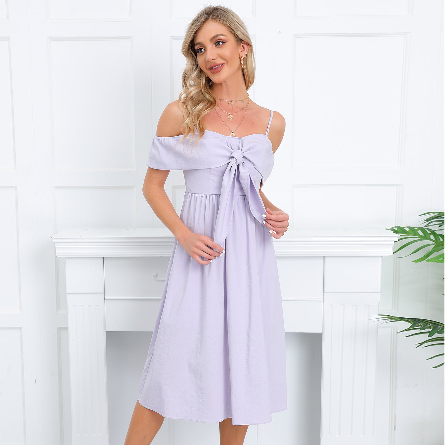 Exlura Women’s Off Shoulder Ruffle Long Dress Tie Knot Sleeveless Strappy Smocked A-Line Backless Midi Dress
