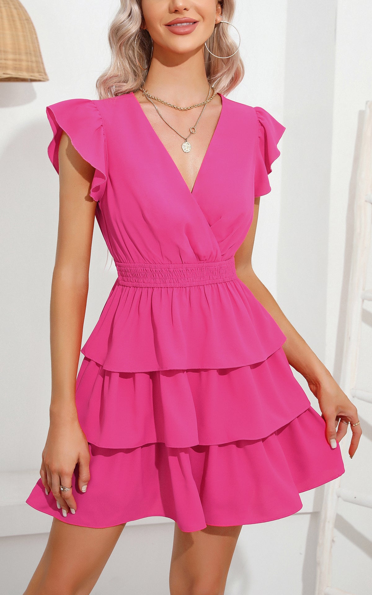 Short Ruffle Sleeve Smocked Sexy Wrap Cocktail Dress