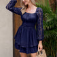 KRDR302EXLURA Women’s Lace Long Puff Sleeve Mini Dress Square Neck Backless Short Swing Party Dress Tie Back Bridesmaid Wedding Guest Dresses