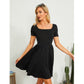 Exlura Women’s Short Sleeve Square Neck Skater Dress Backless Knit Tie Back High Waist Flowy Mini Dress