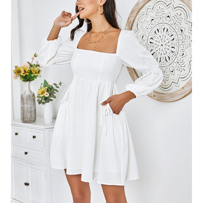 Exlura Women’s Casual Mini Dress with Pockets Square Neck Long Puff Sleeve Dress Empire Waist Boho Wedding Guest Dress