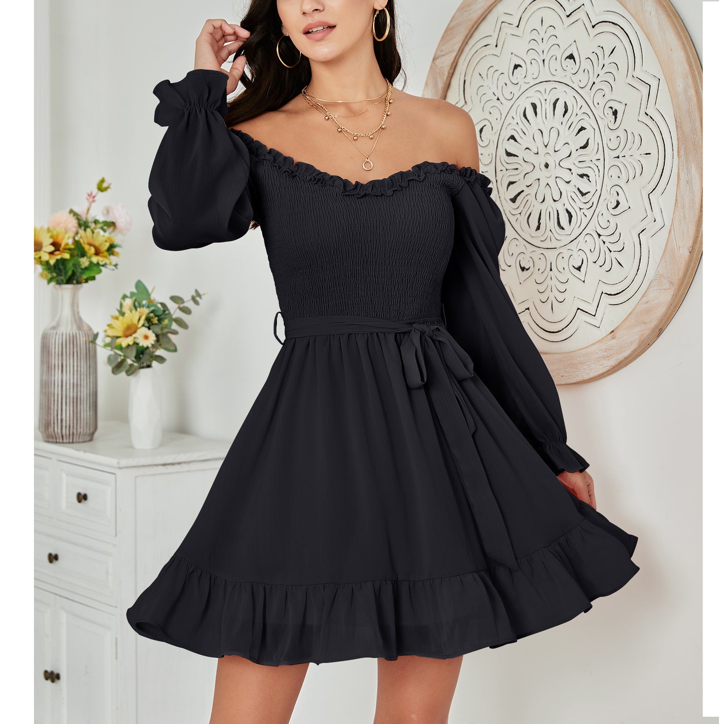  Vacation Dresses for Women - Flowy Smocked Puff Sleeve Summer  Dress, Wedding Guest Reversible Dress, Boho Convertible Casual Dress Black:  Clothing, Shoes & Jewelry