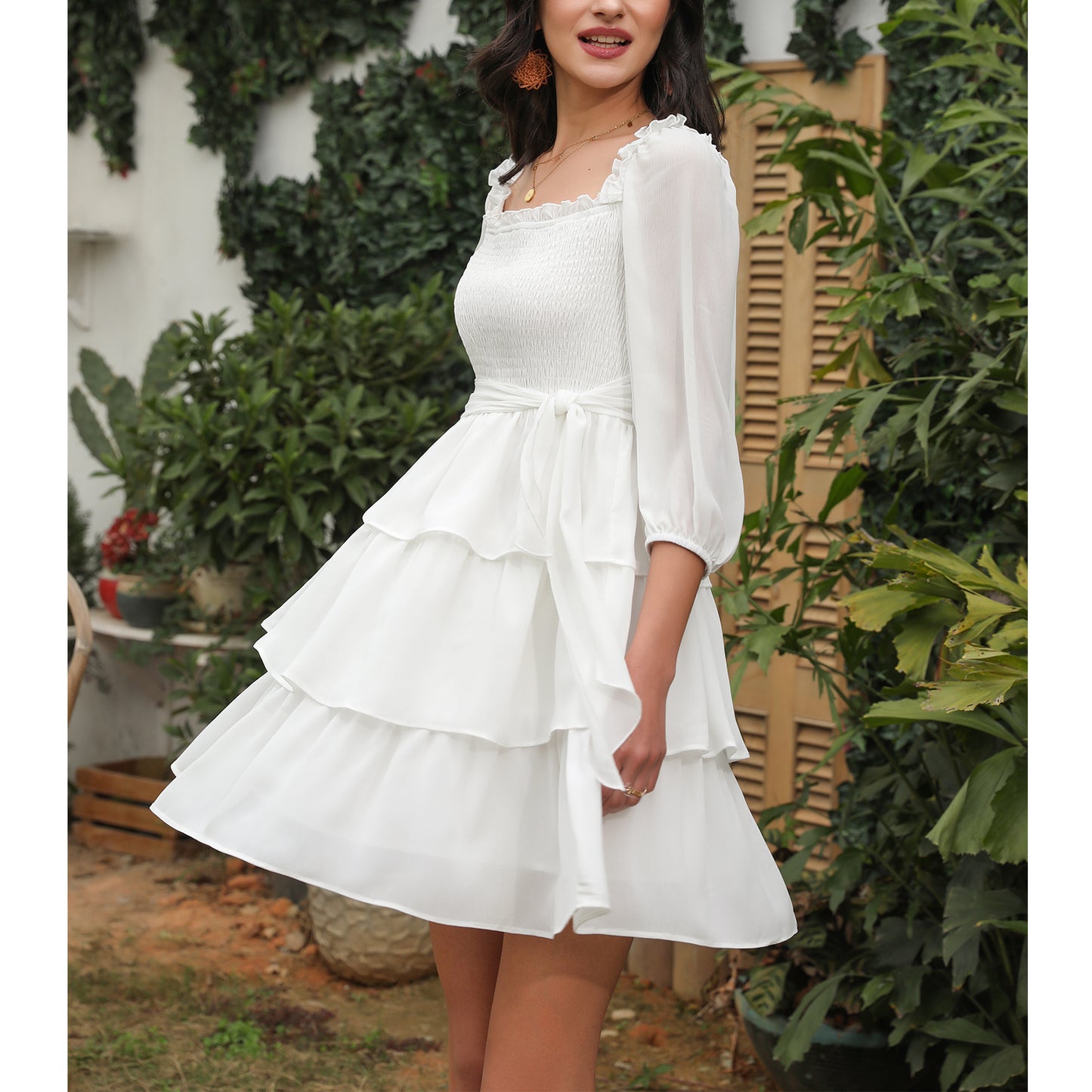 Exlura Women’s Off Shoulder Ruffle Dress Sundress Puff Sleeve Backless Tiered Smocked Tie Waist Flowy Mini Dress