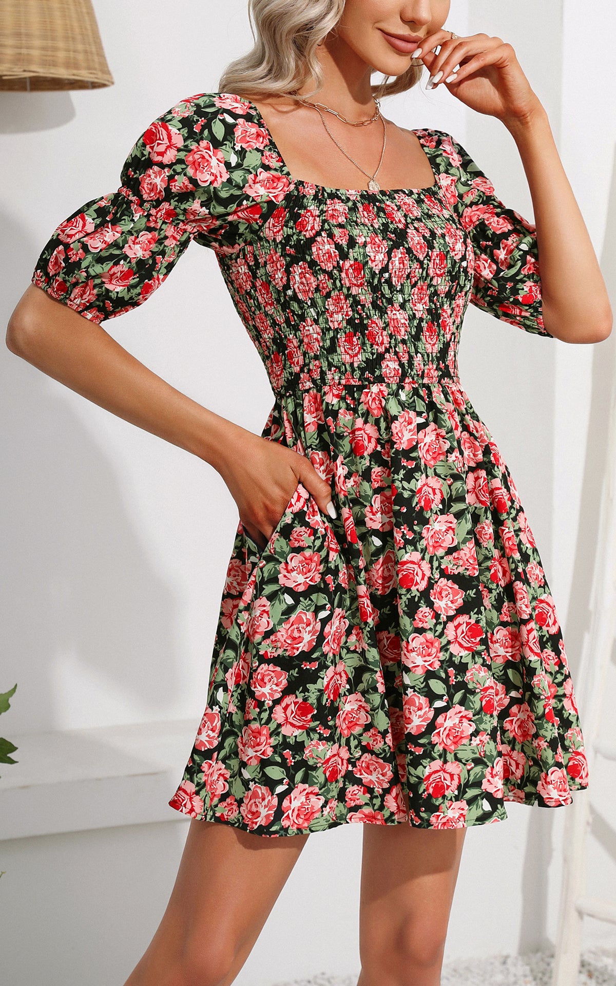 Summer Floral Mini Dress - Square Neck Short Puff Sleeve