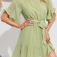 Flowy Mini Dress - Round Neck Belted Swiss Dot Bell Short Sleeve