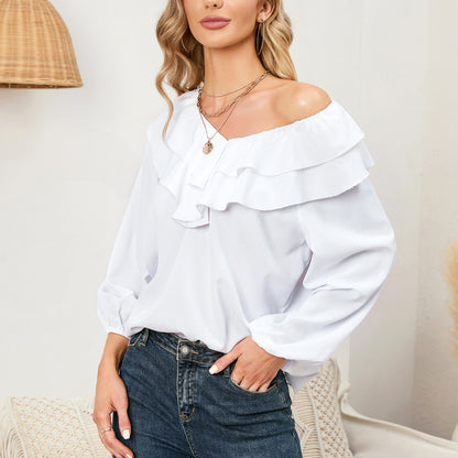 EXLURA Women’s Layered Ruffle Flowy Tops V Neck Long Puff Sleeve Blouses Shirts Casual Dressy Tops