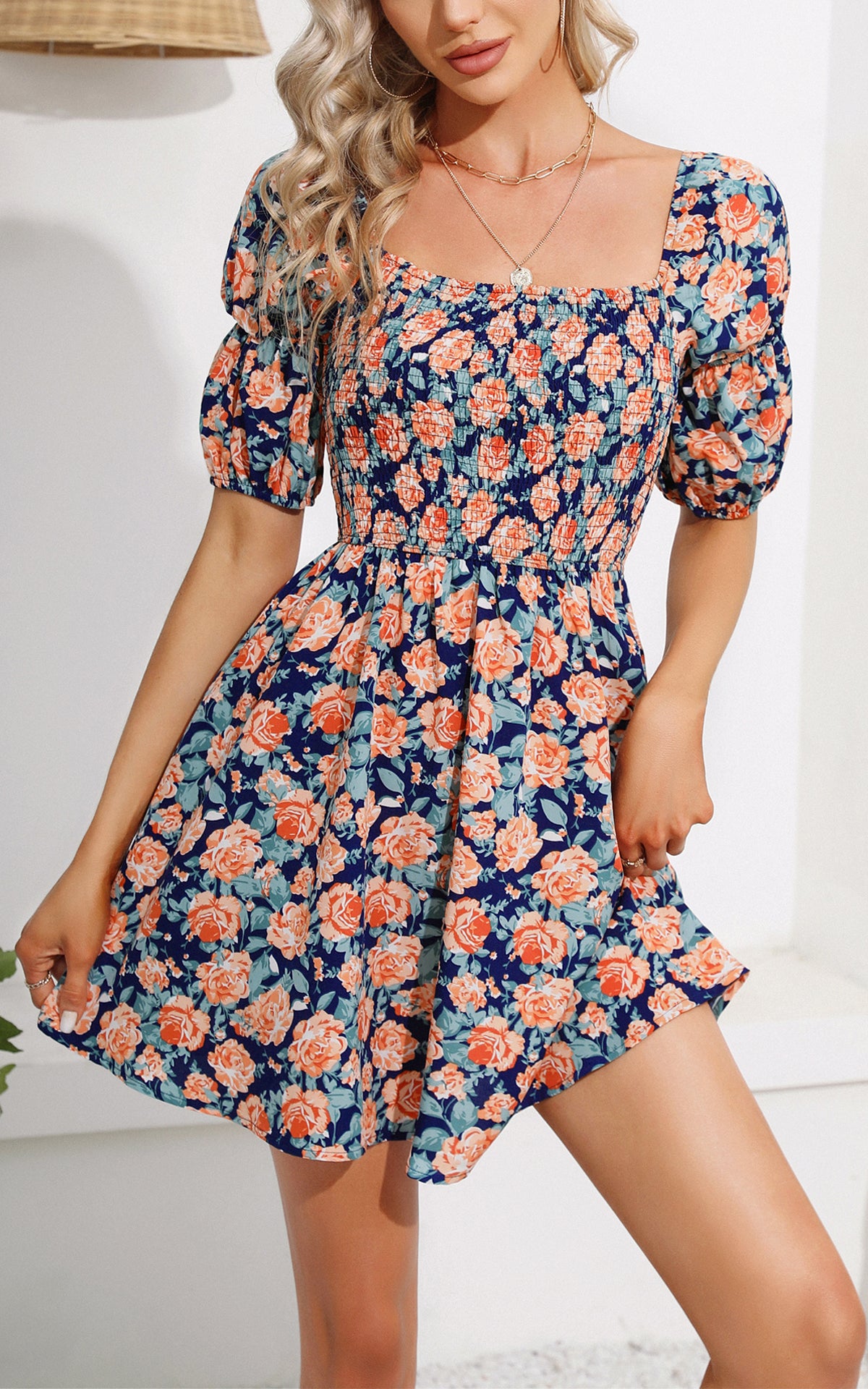 Summer Floral Mini Dress - Square Neck Short Puff Sleeve