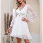 EXLURA Women’s Swiss Dot Flowy Mini Dress V Neck Long Puff Sleeve Tie Back Ruffle Dress Sexy Cottagecore Wedding Guest Dress