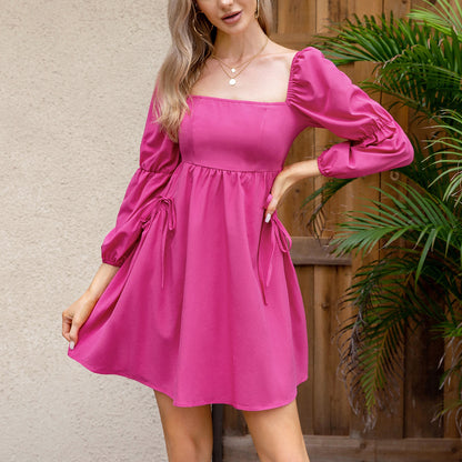 Exlura Women’s Casual Mini Dress with Pockets Square Neck Long Puff Sleeve Dress Empire Waist Boho Wedding Guest Dress