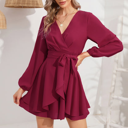 EXLURA Women’s Dressy Jumpsuit V Neck Puff Long Sleeve Waist Tie Ruffle Flowy Faux Wrap Jumpsuits Club Party Cocktail Wedding Guest Rompers