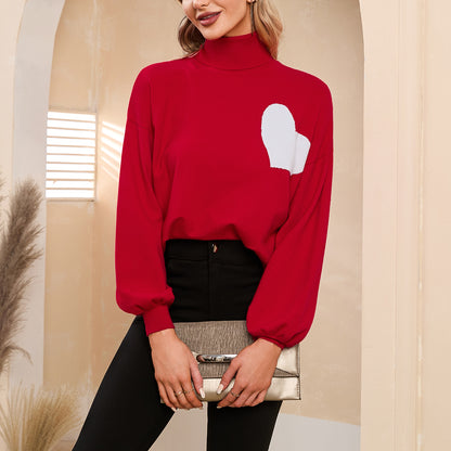 EXLURA Women’s Heart Chunky Pullover Sweater Turtleneck Knit Long Puff Sleeve Jumpers Tops Casual Trendy