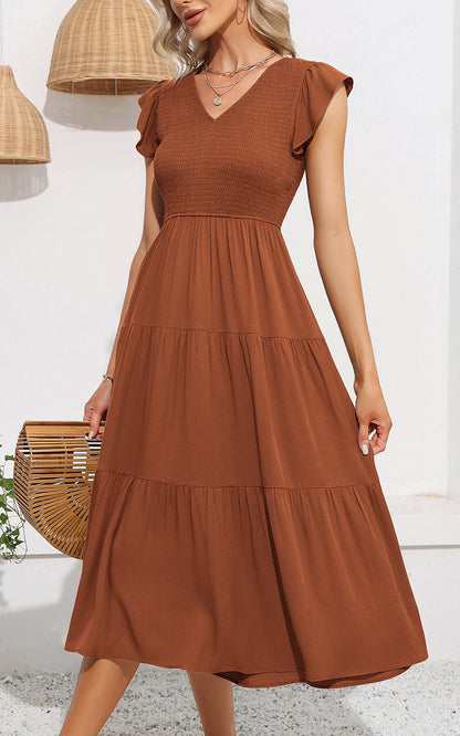 EXLURA Women's Summer Flowy Midi Dress - V Neck Smocked Ruffle Flutter Short Sleeve Boho Wedding Guest Dress