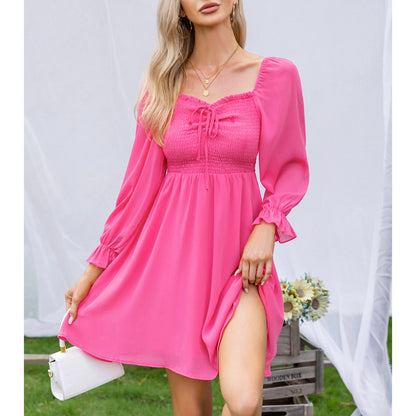EXLURA Women’s Drawstring Mini Dress Sweetheart Neckline Smocked Flowy Dress Puff Long Sleeve Ruffle Cute Wedding Guest Dress